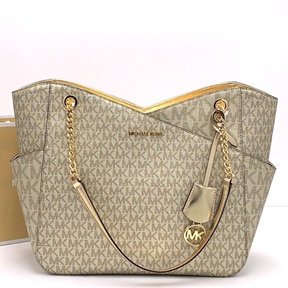 MICHAEL KORS LARGE X CHAIN SHOULDER TOTE BAG PALE GOLD SIGNATURE NWT - Picture 2 of 16
